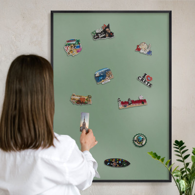 Vacation magnet board with a black frame Muted green