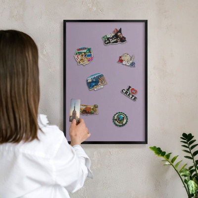 Metal wall board for magnets in a black frame Lilac purple