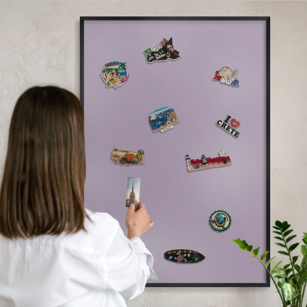 Metal wall board for magnets in a black frame Lilac purple