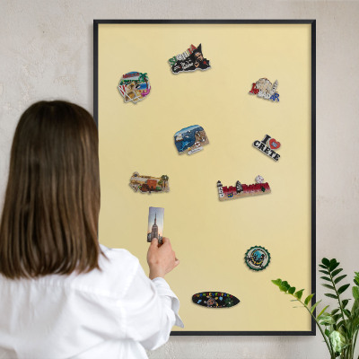 Metal wall board for magnets in a black frame Creamy yellow