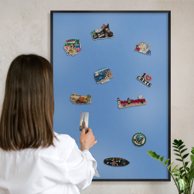 Metal wall board for magnets in a black frame Blue color
