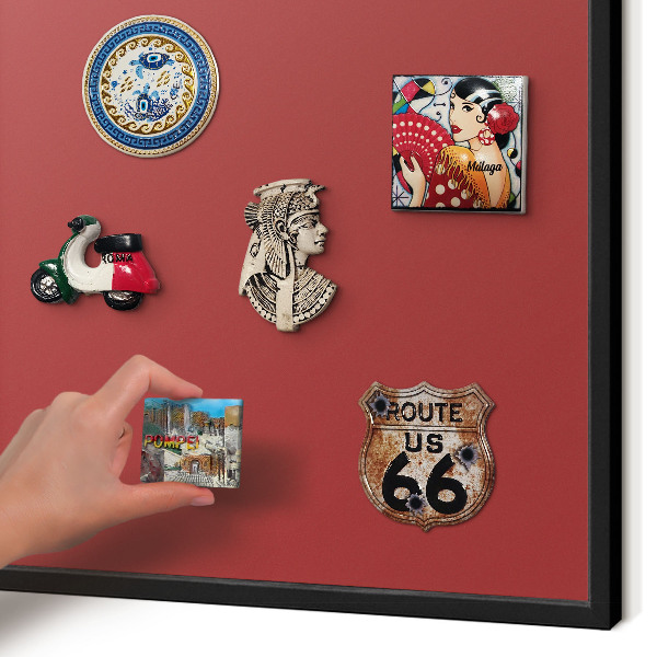 Metal wall board for magnets in a black frame Burgundy color