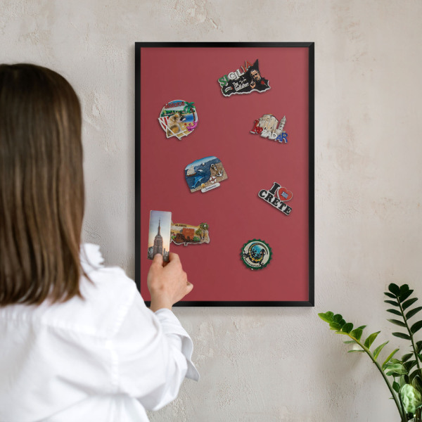 Metal wall board for magnets in a black frame Burgundy color