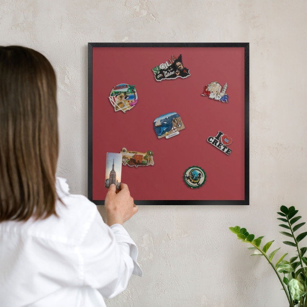 Metal wall board for magnets in a black frame Burgundy color