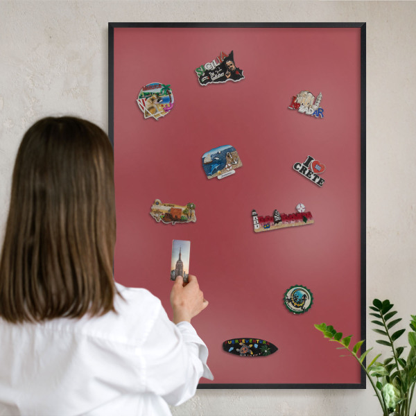 Metal wall board for magnets in a black frame Burgundy color