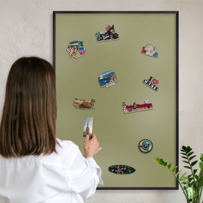 Metal wall board for magnets in a black frame Green grass