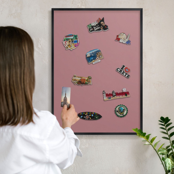 Metal wall board for magnets in a black frame Dusty pink