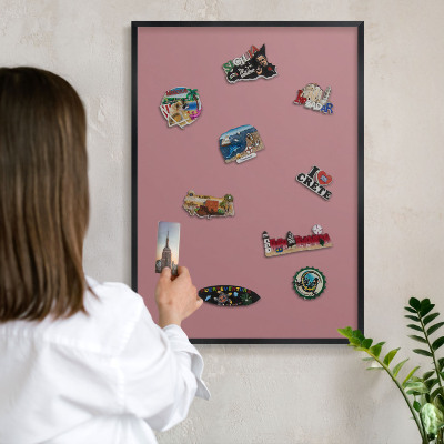 Metal wall board for magnets in a black frame Dusty pink