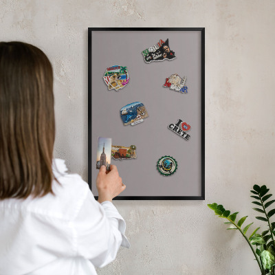 Metal wall board for magnets in a black frame Ash gray