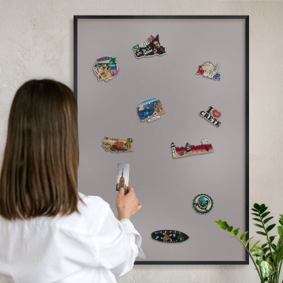 Metal wall board for magnets in a black frame Ash gray