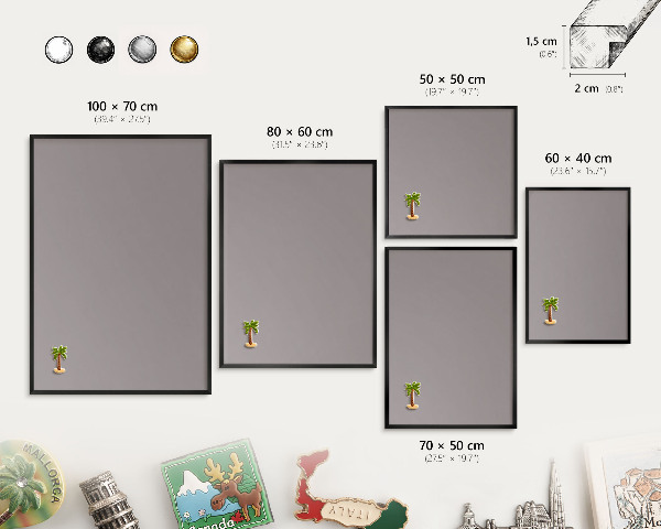 Metal wall board for magnets in a black frame Ash gray