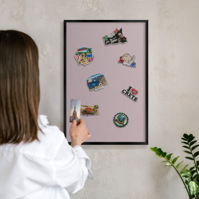 Vacation magnet board with a black frame Pastel lilac
