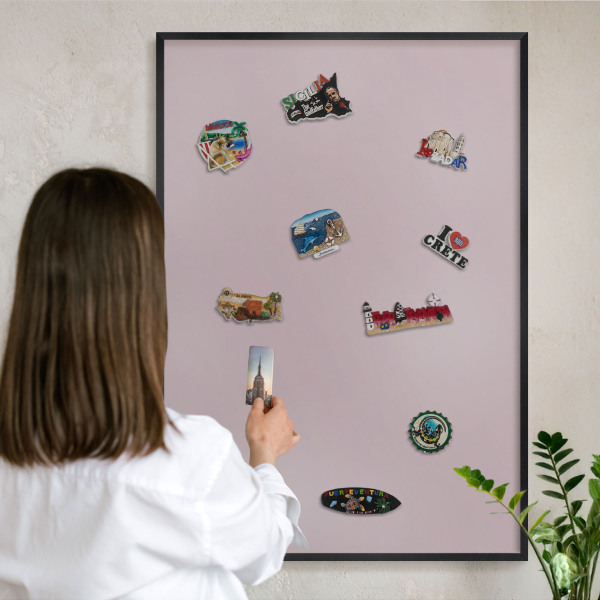 Vacation magnet board with a black frame Pastel lilac