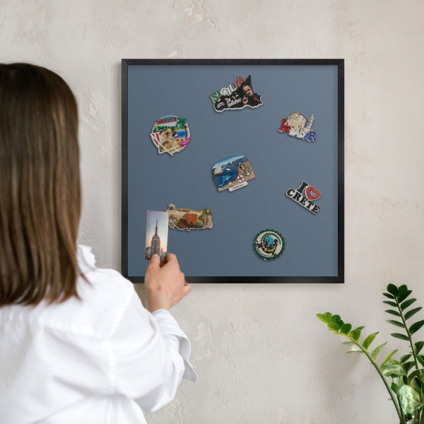 Metal wall board for magnets in a black frame Pastel navy blue