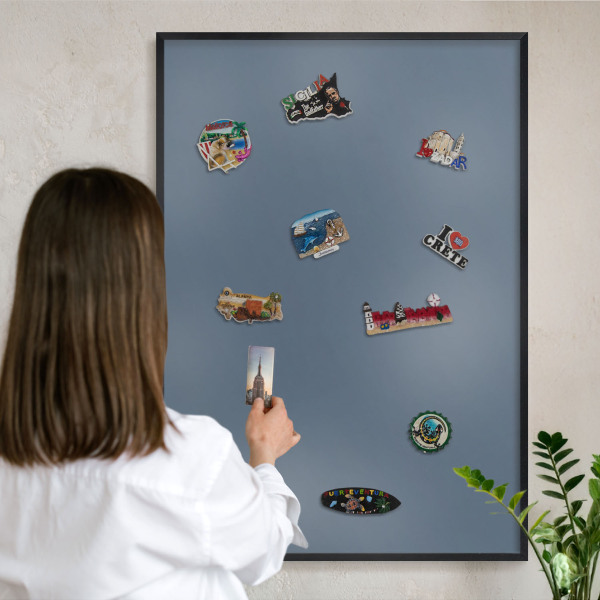Metal wall board for magnets in a black frame Pastel navy blue