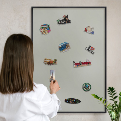 Metal wall board for magnets in a black frame Neutral gray