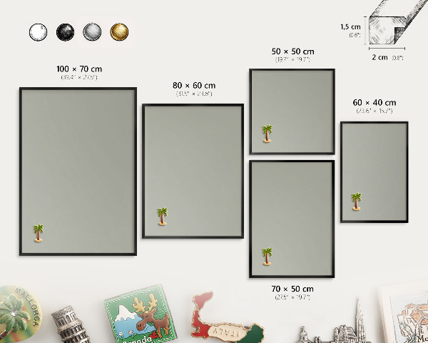 Metal wall board for magnets in a black frame Neutral gray