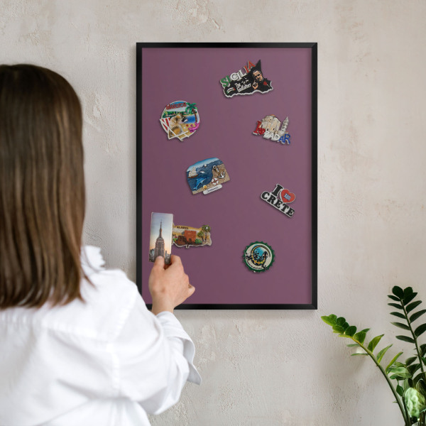 Metal wall board for magnets in a black frame Purple color