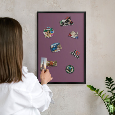 Metal wall board for magnets in a black frame Purple color