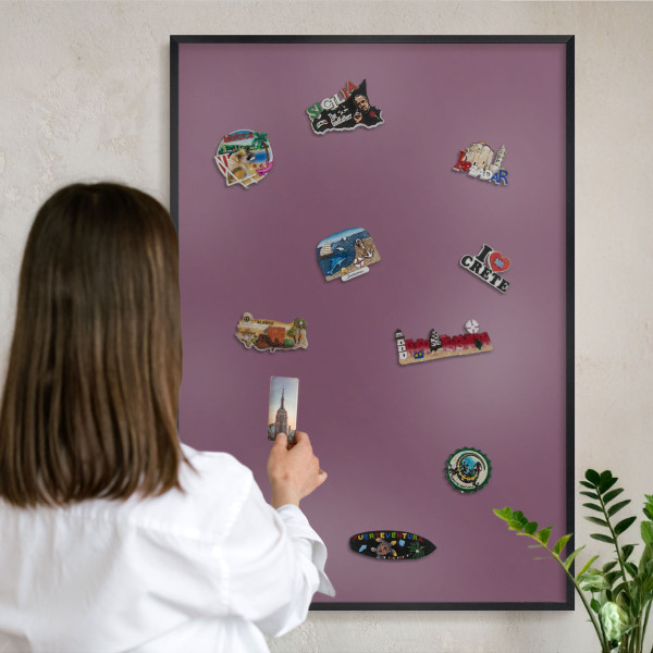 Metal wall board for magnets in a black frame Purple color