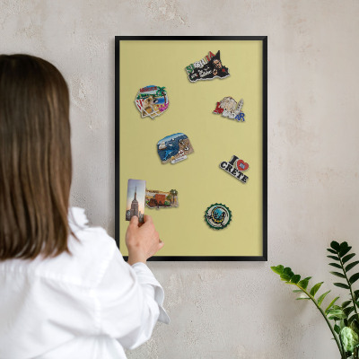 Metal wall board for magnets in a black frame Light mustard