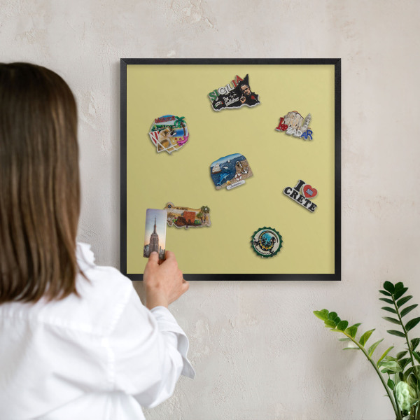 Metal wall board for magnets in a black frame Light mustard