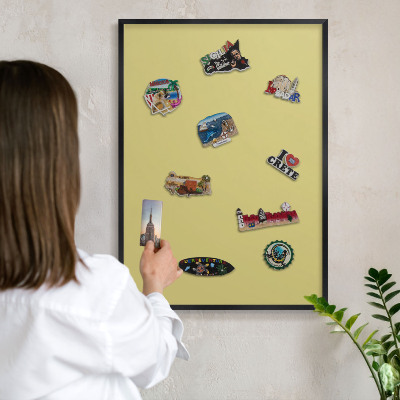 Metal wall board for magnets in a black frame Light mustard