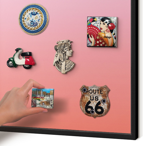Metal wall board for magnets in a black frame Pink orange