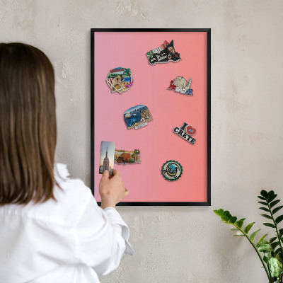 Metal wall board for magnets in a black frame Pink orange