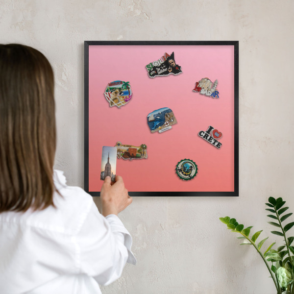 Metal wall board for magnets in a black frame Pink orange