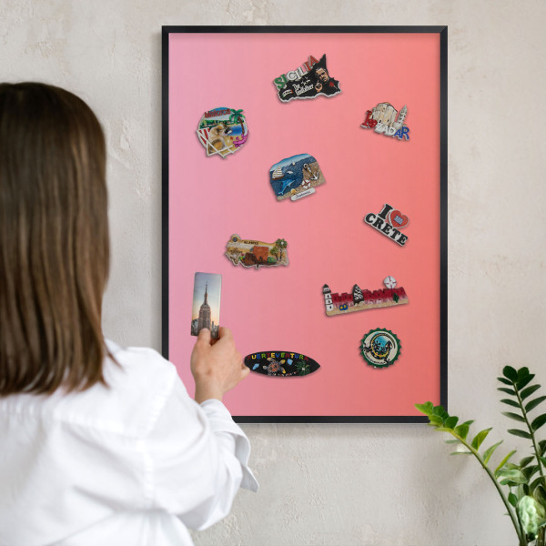 Metal wall board for magnets in a black frame Pink orange