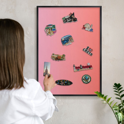 Metal wall board for magnets in a black frame Pink orange
