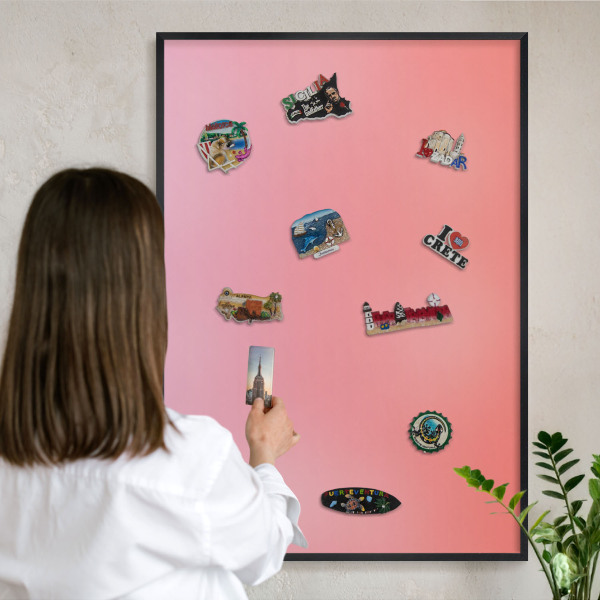 Metal wall board for magnets in a black frame Pink orange