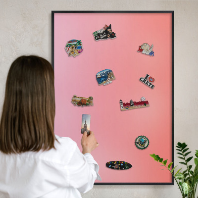 Metal wall board for magnets in a black frame Pink orange