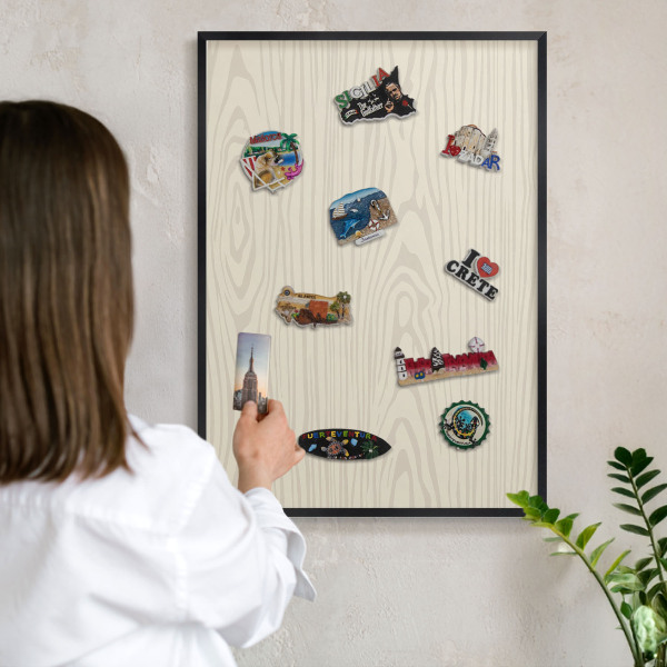 Vacation magnet board with a black frame Wooden rings