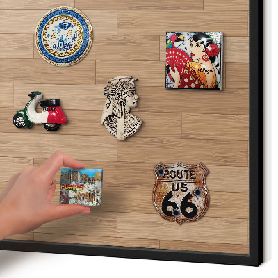 Metal wall board for magnets in a black frame Wooden pattern