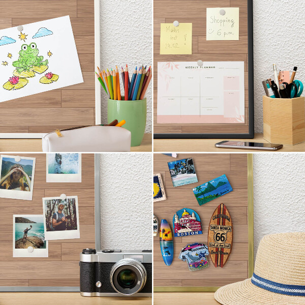 Metal wall board for magnets in a black frame Wooden pattern