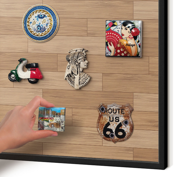 Metal wall board for magnets in a black frame Wooden pattern