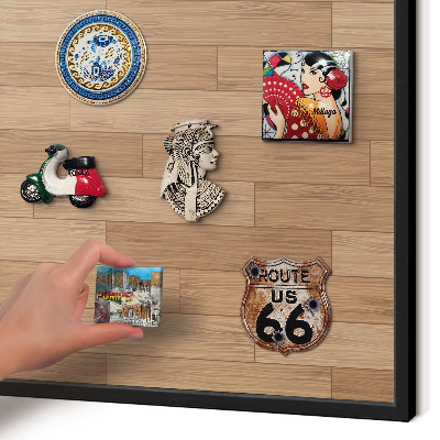 Metal wall board for magnets in a black frame Wooden pattern