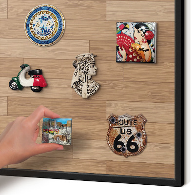 Metal wall board for magnets in a black frame Wooden pattern