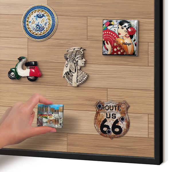 Metal wall board for magnets in a black frame Wooden pattern