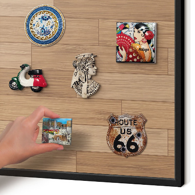 Metal wall board for magnets in a black frame Wooden pattern