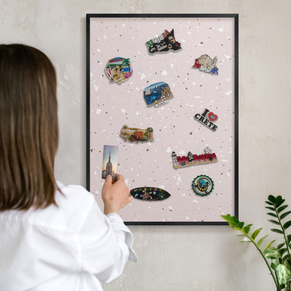 Metal wall board for magnets in a black frame Modern terrazzo