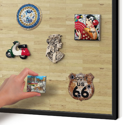 Metal wall board for magnets in a black frame Wooden texture