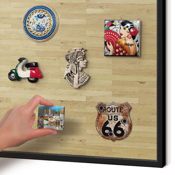 Metal wall board for magnets in a black frame Wooden texture