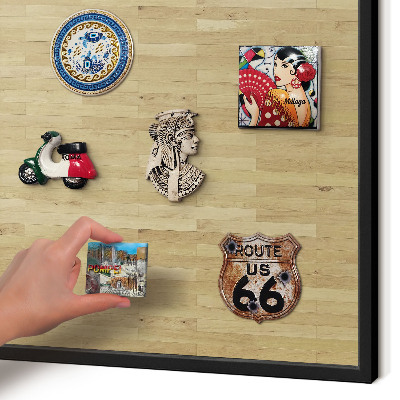 Metal wall board for magnets in a black frame Wooden texture