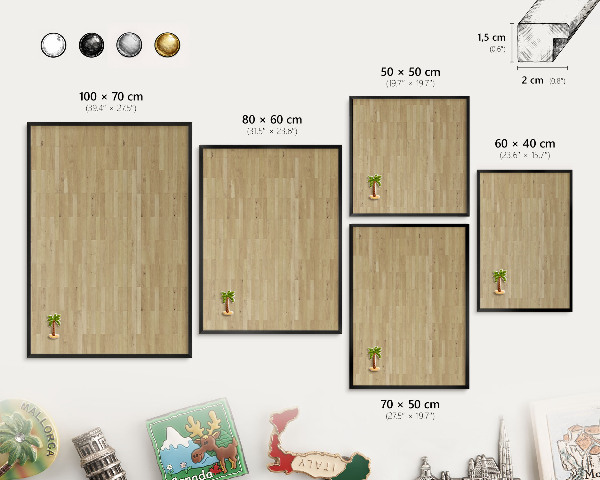 Metal wall board for magnets in a black frame Wooden texture