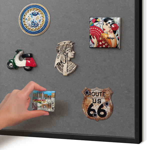 Metal wall board for magnets in a black frame Gray texture