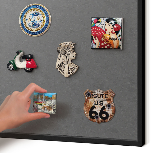 Metal wall board for magnets in a black frame Gray texture