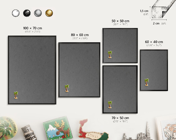 Metal wall board for magnets in a black frame Gray texture